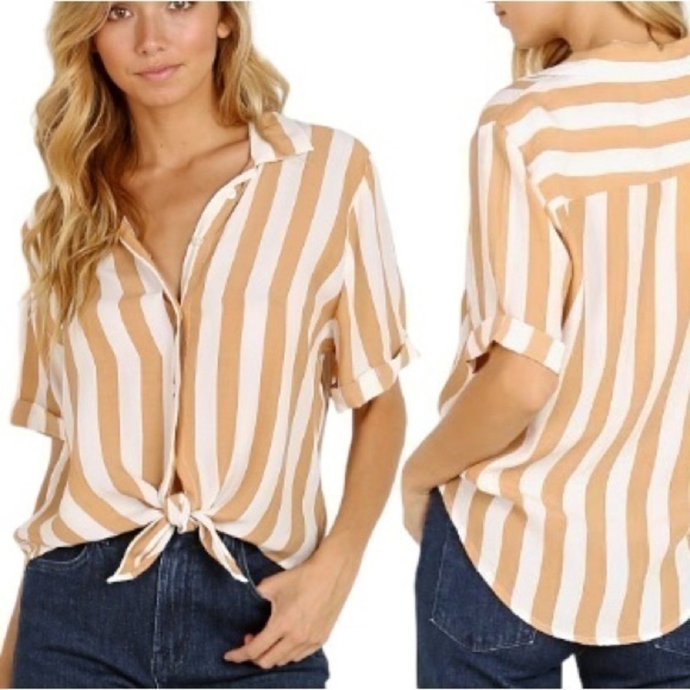 Faithfull The Brand Tan White Front Tie Toulin Shirt Memphis Stripe Top 2